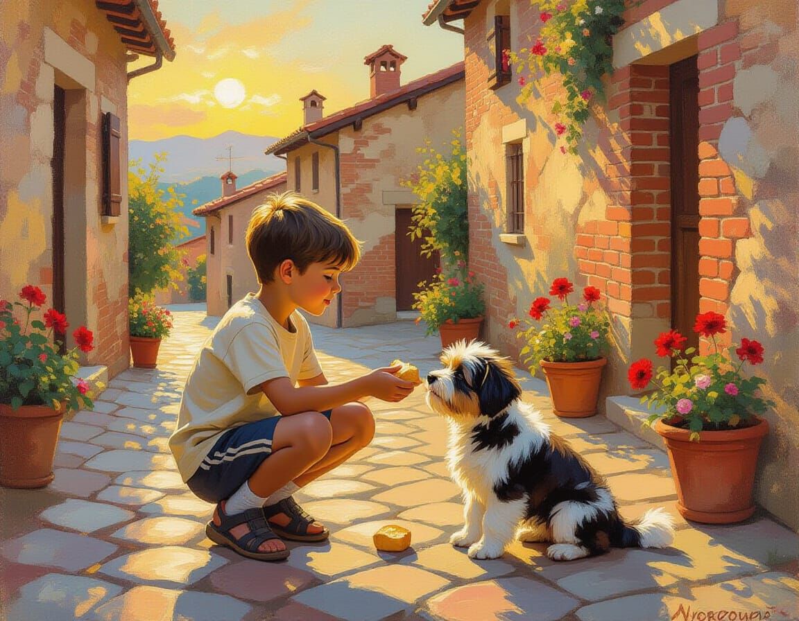 Impressionist Oil Painting of Boy Feeding Puppy at Sunset