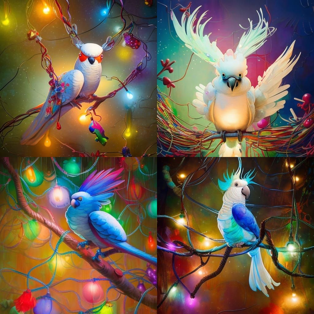 Cute Watercolor Cockatoo tangled in Christmas lights, paint ...
