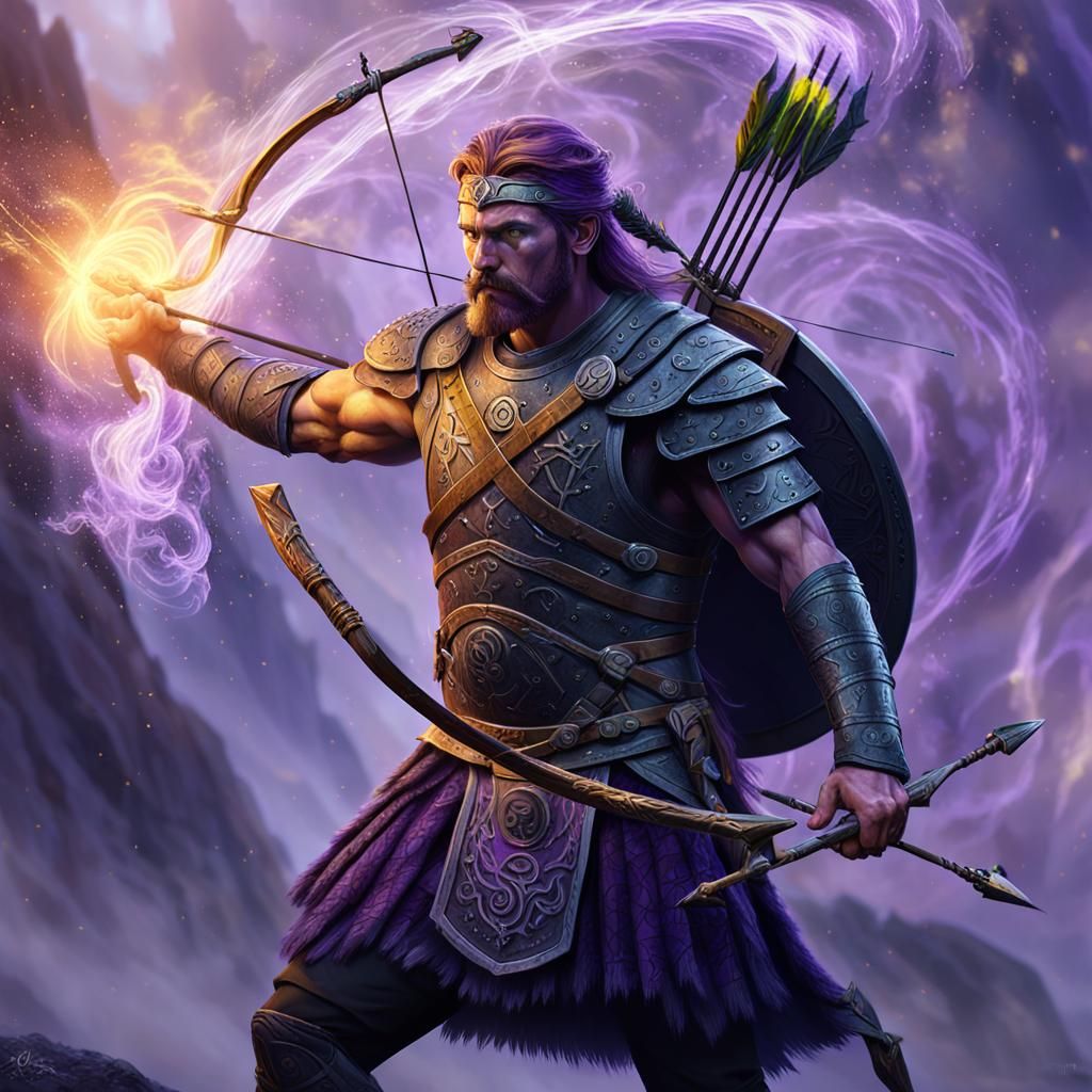 Dark Fantasy Scottish Warrior Aims Magic Arrow in Swirling M...