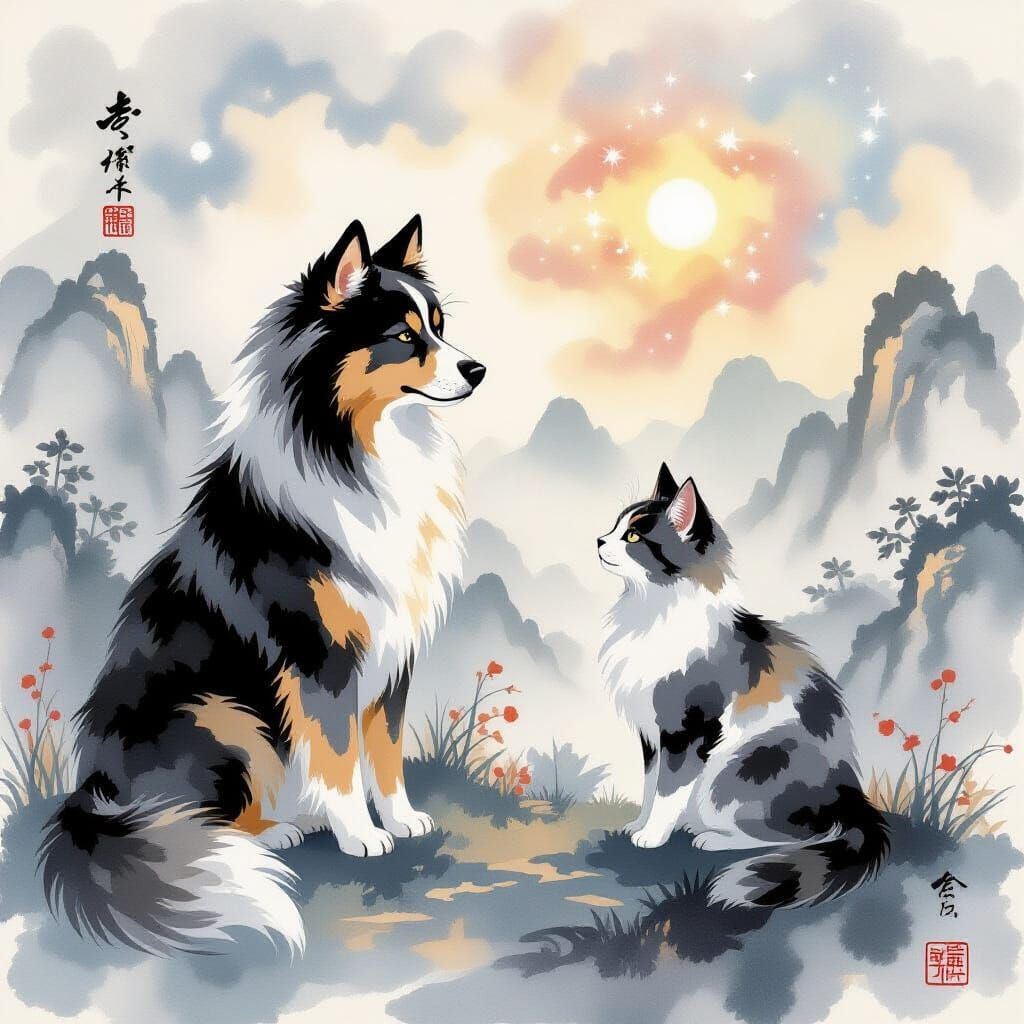 Chinese Watercolor Art: Dog and Cat with Celestial Ink Fur