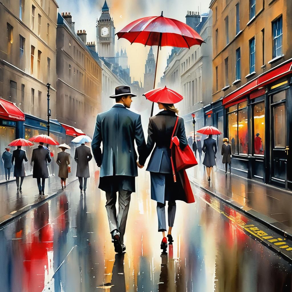Stylish Couple in London: A Neo-Impressionistic Painting