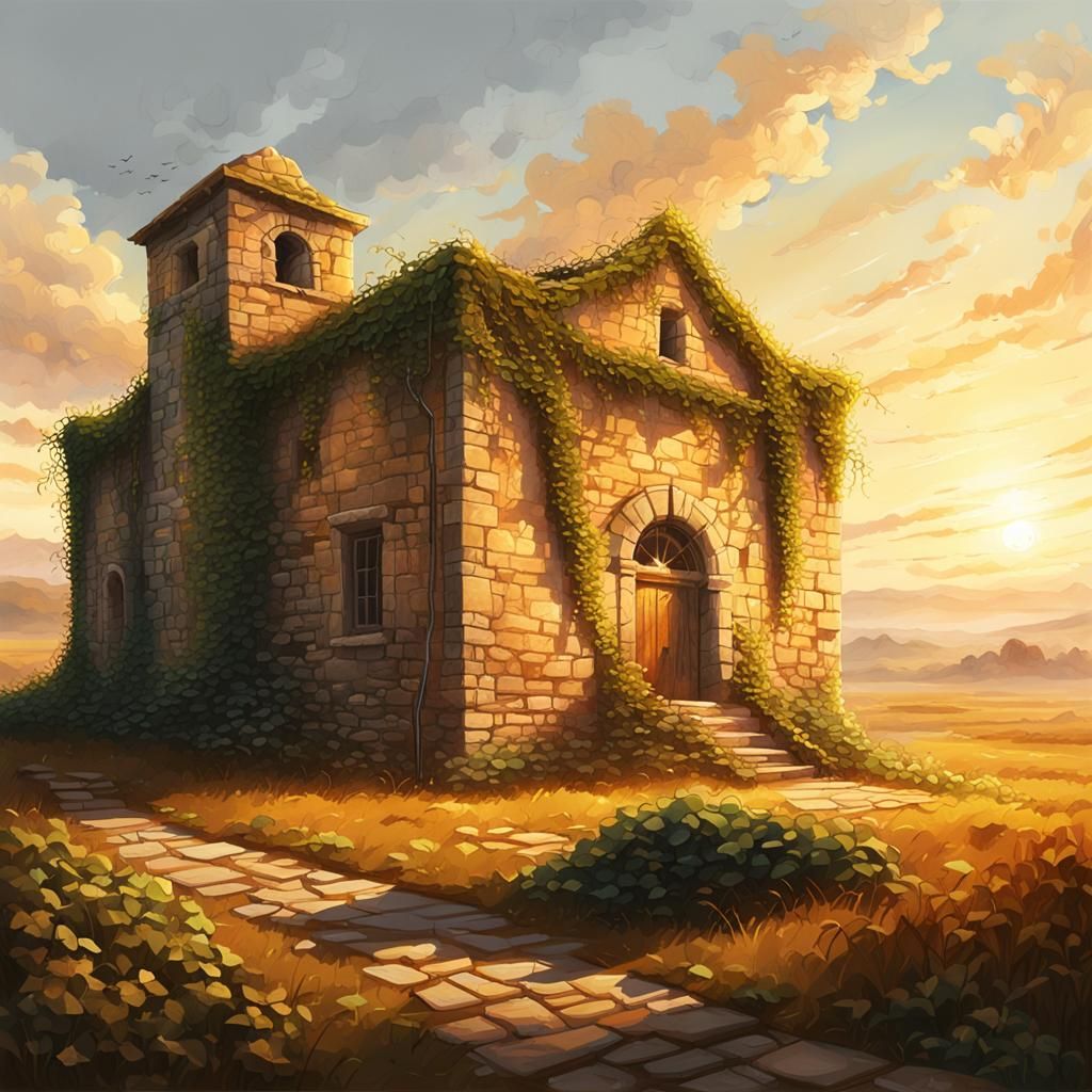 Stone Building in Golden Light Digital Painting