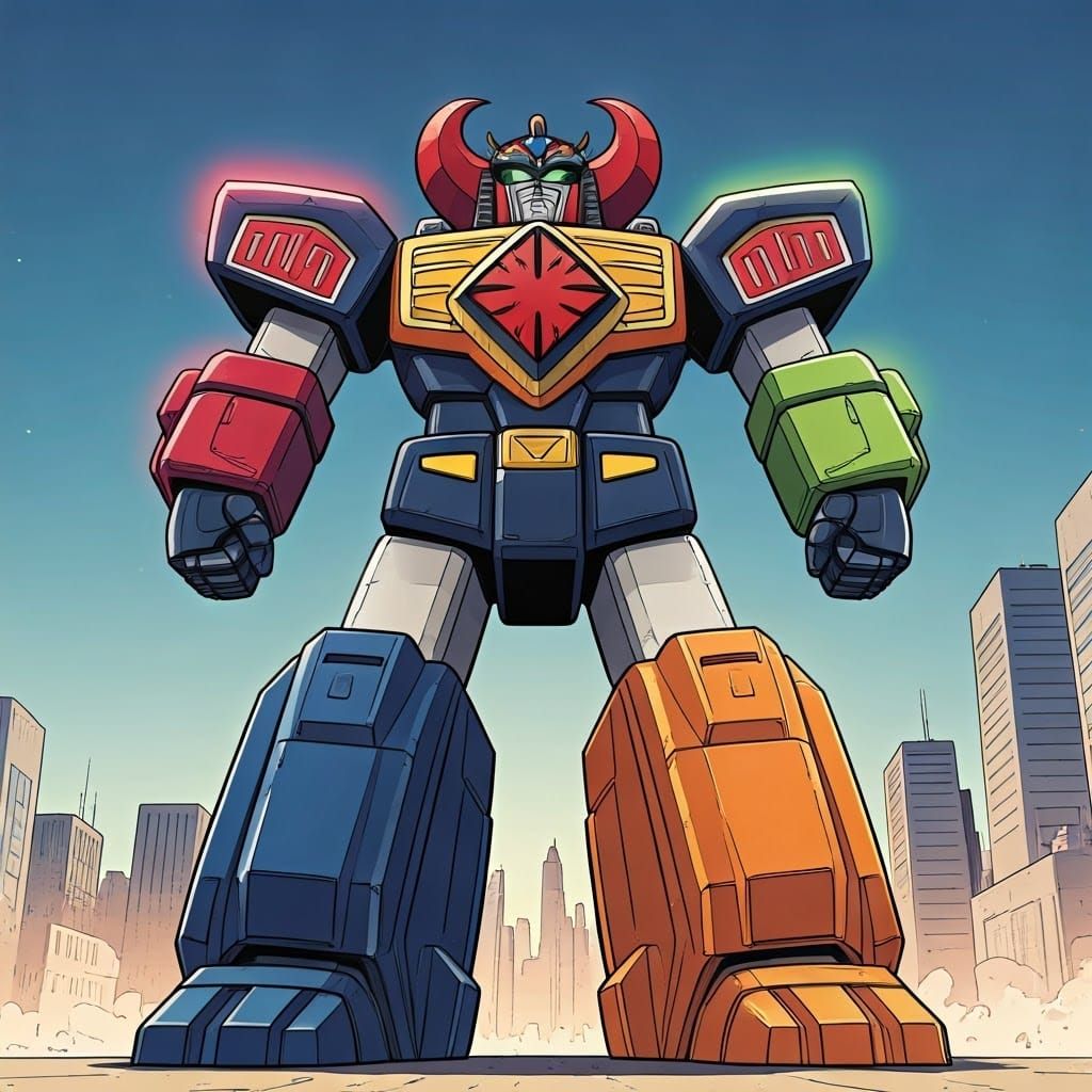 Vibrant Megazord Towers Over Cityscape in Dynamic Comic Book...