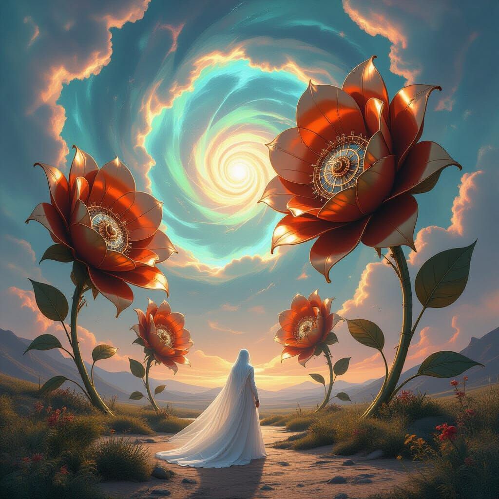 Mechanical Flowers Bloom in Surreal Cosmic Fantasy Landscape