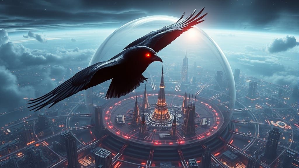 Raven Soaring Over Futuristic City in Space
