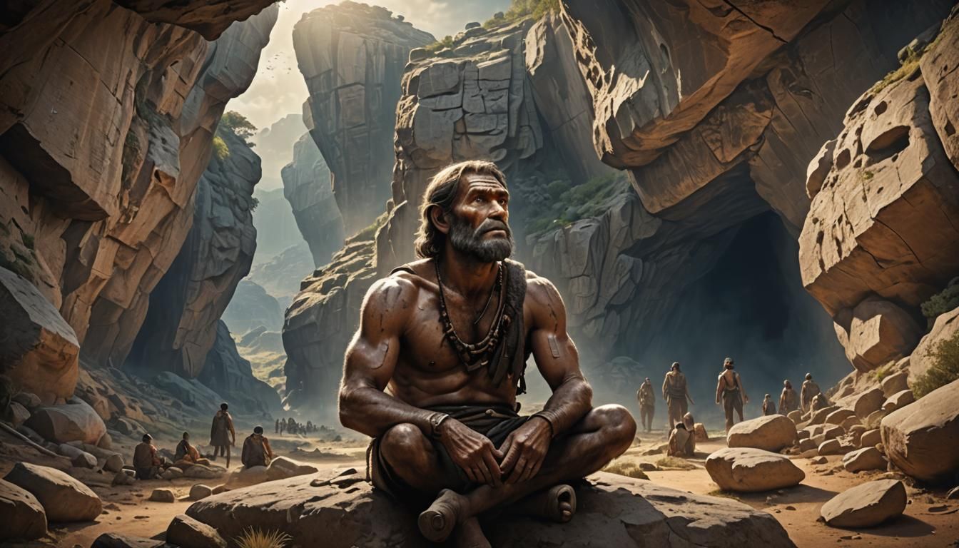 Primitive Man Gazing at the Sky: Hyperrealistic Cave Scene