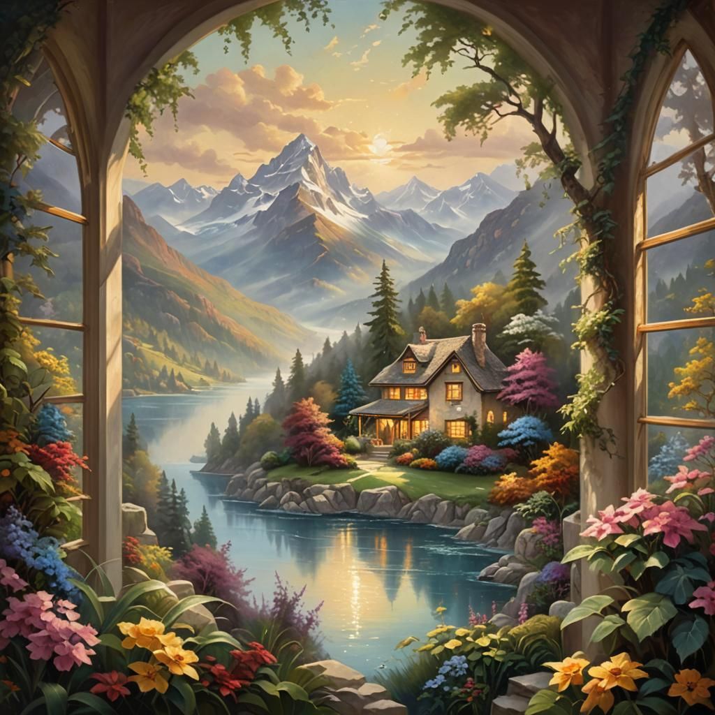 Mountain Lake Landscape in Kinkade Style