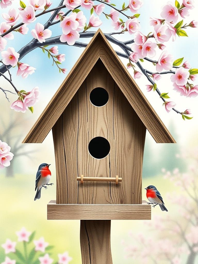 Watercolor Birdhouse Scene with Cherry Blossoms and Spring F...