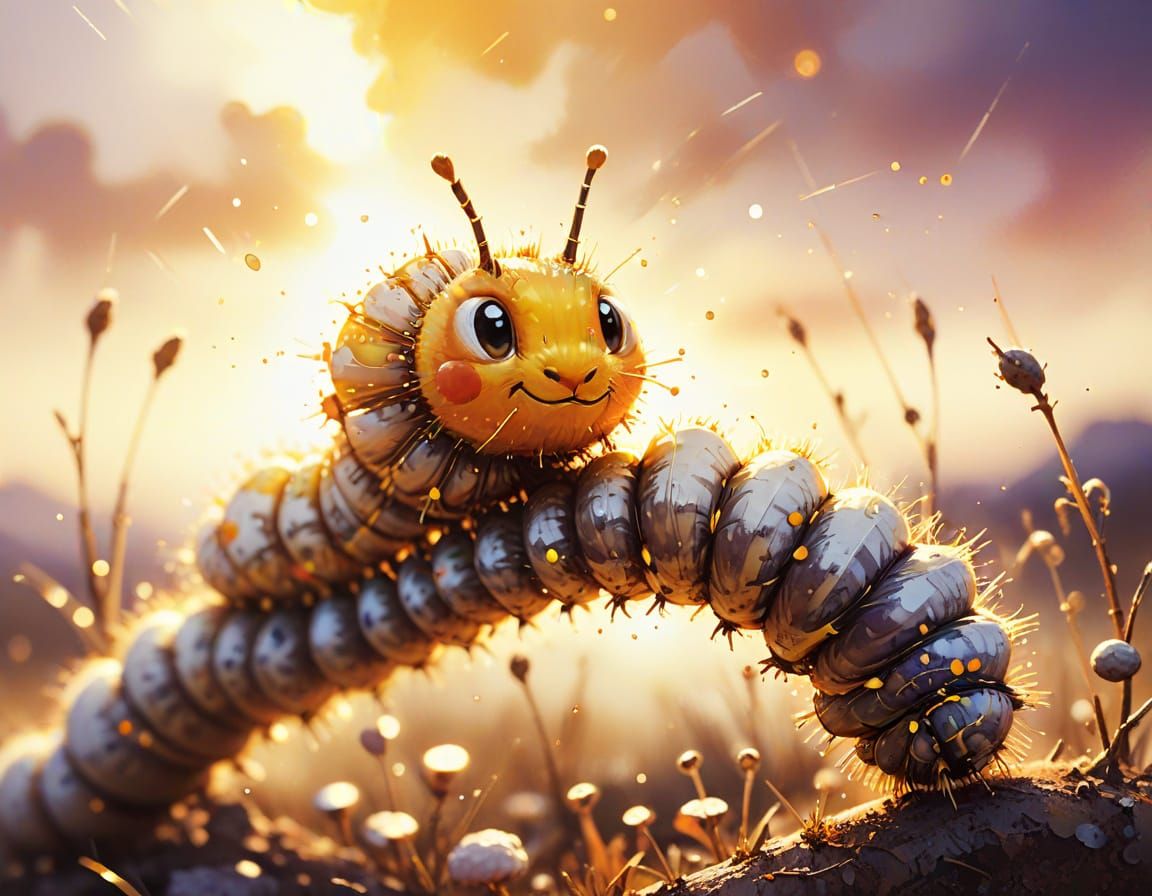 Excited Caterpillar in Watercolor Sunset Scene