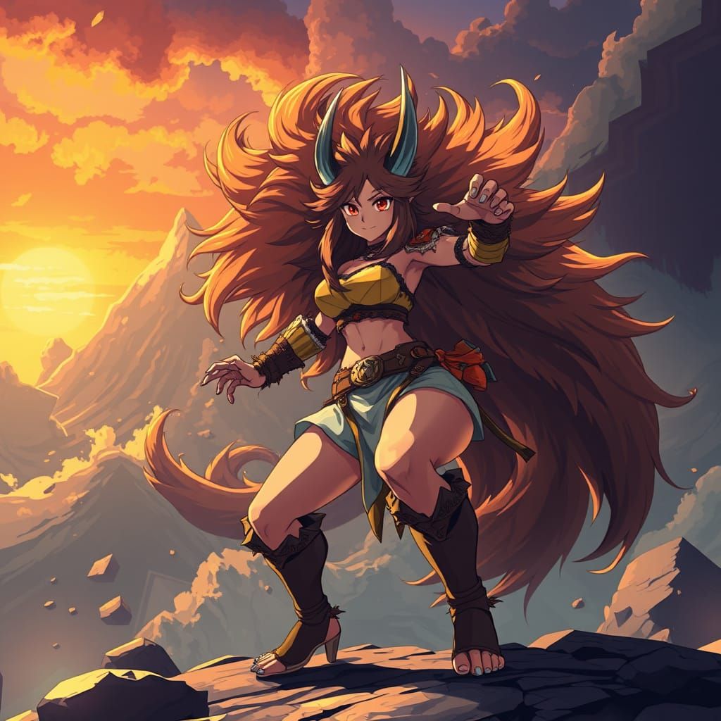 Strong Female Warrior in Vibrant Flat Manga Style