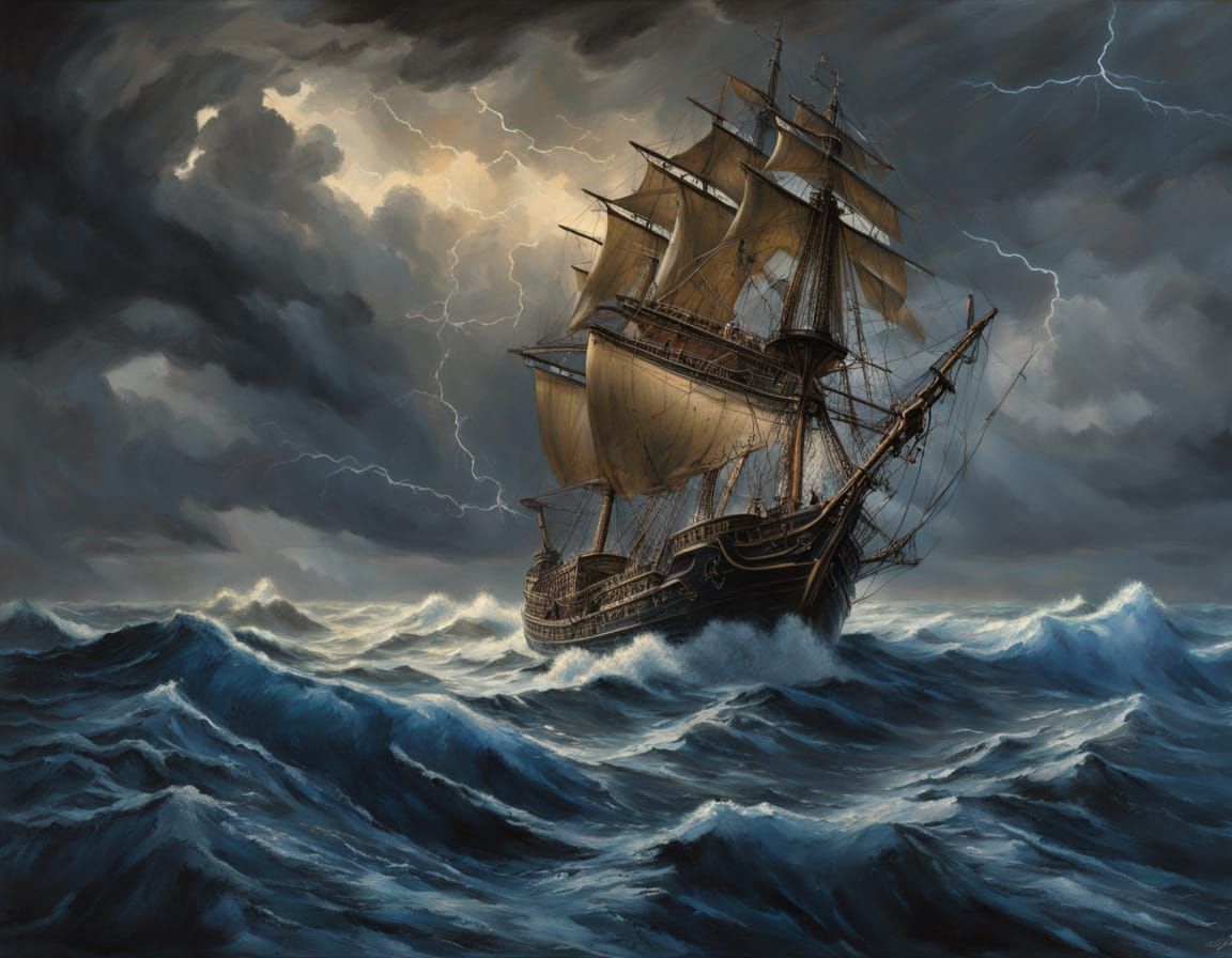 Dramatic Oil Painting of a Pirate Ship in a Lightning Storm