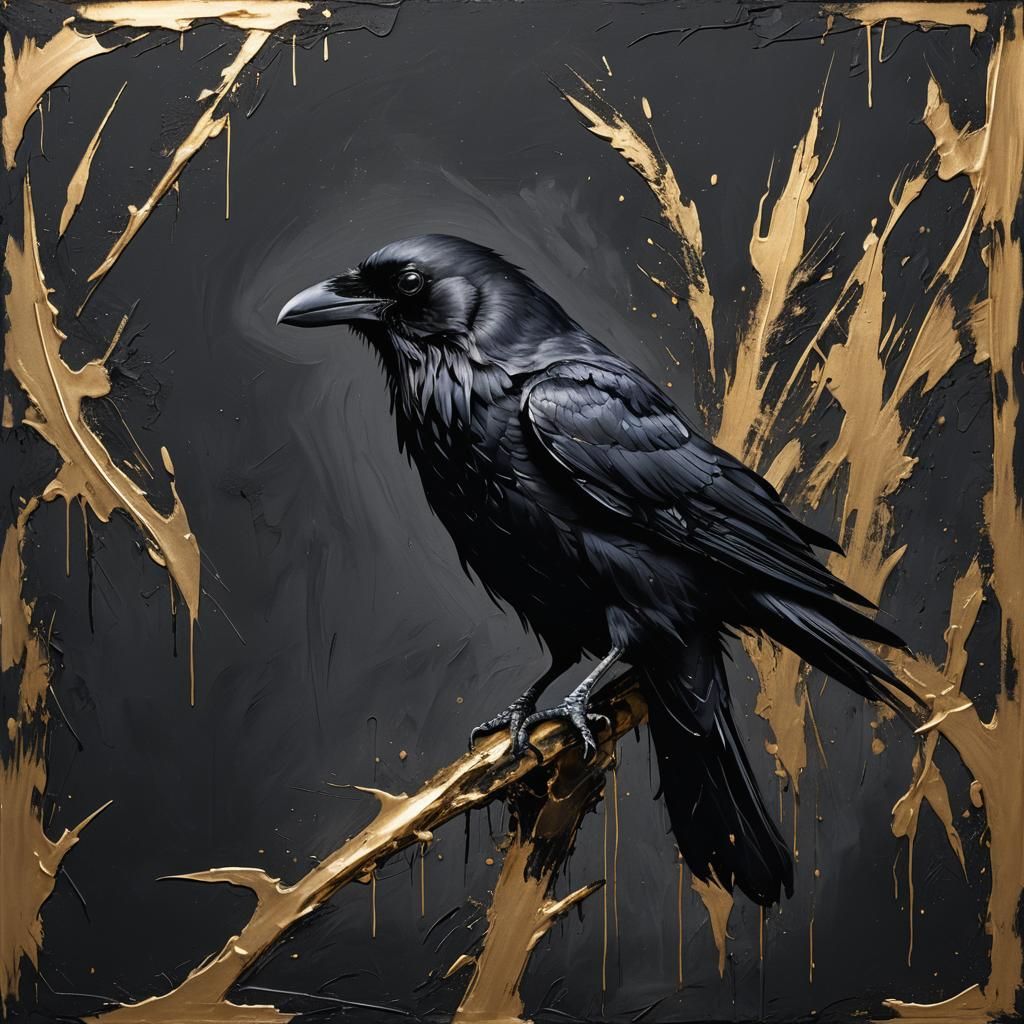 Matte Black Raven with Golden Highlights in Grunge Style