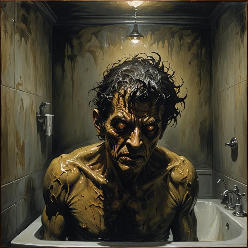 Horror: Man Confronts Grotesque Shadow in Dim Bathroom