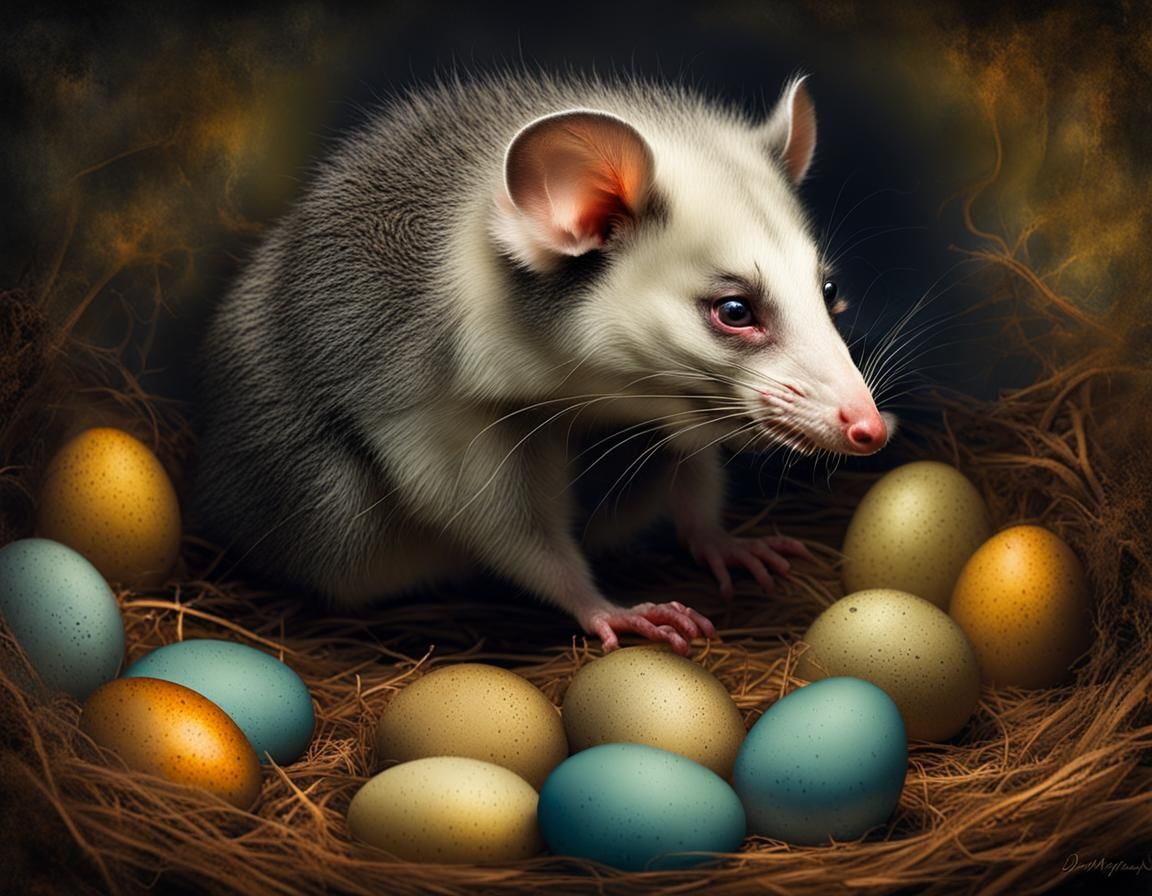 Opossum's Dream of Easter Eggs in Impressionist Style