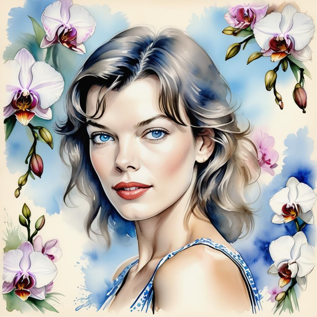 Milla Jovovich Portrait: Vintage Watercolor Pencil Sketch
