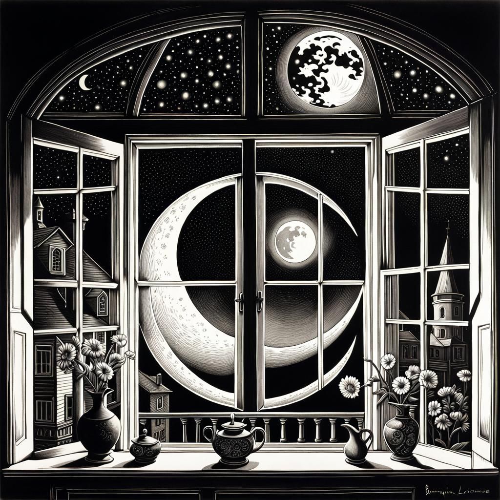 Moonlit Window: Escher-Style Optical Illusion Art