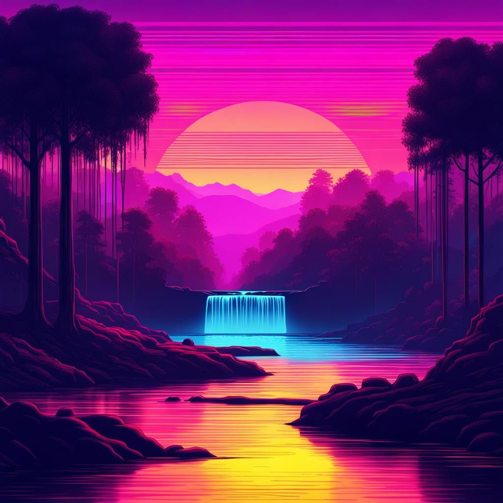 Synthwave Waterfall at Sunrise