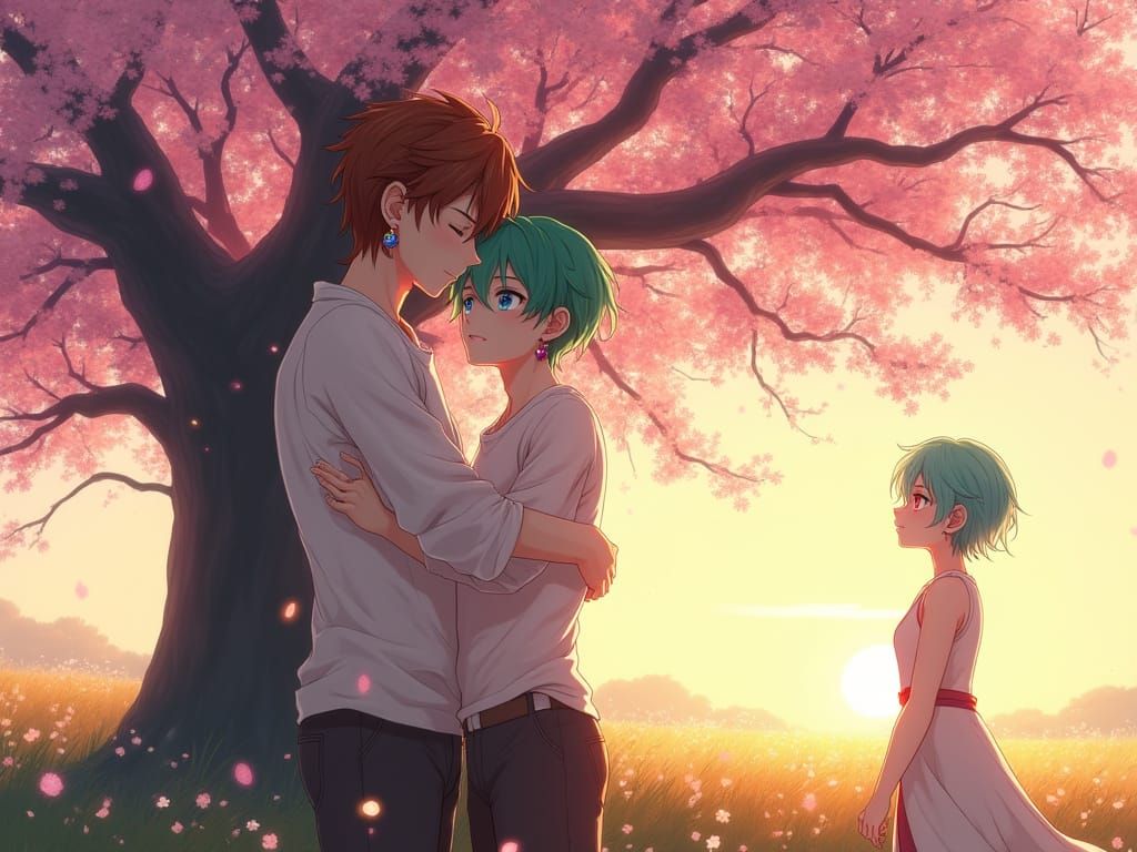 Anime Style Digital Painting of Three Friends in a Cherry Bl...