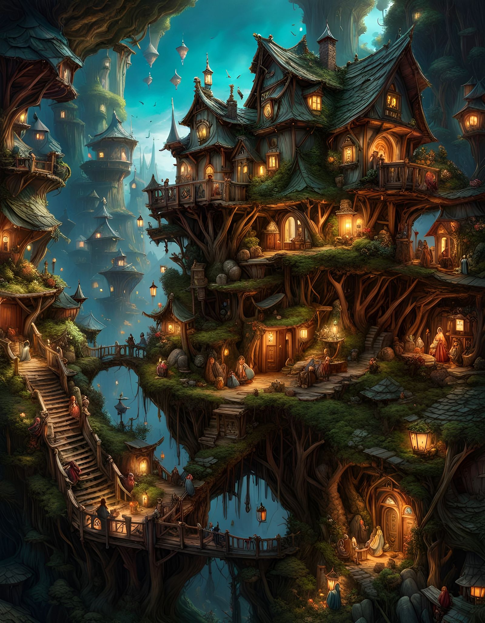 Intricate Faerie Village Inside Giant Nest