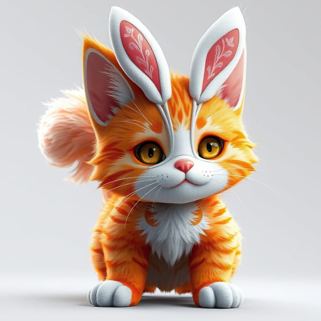 Vibrant Orange Anime-Inspired Cat with Bunny Tail