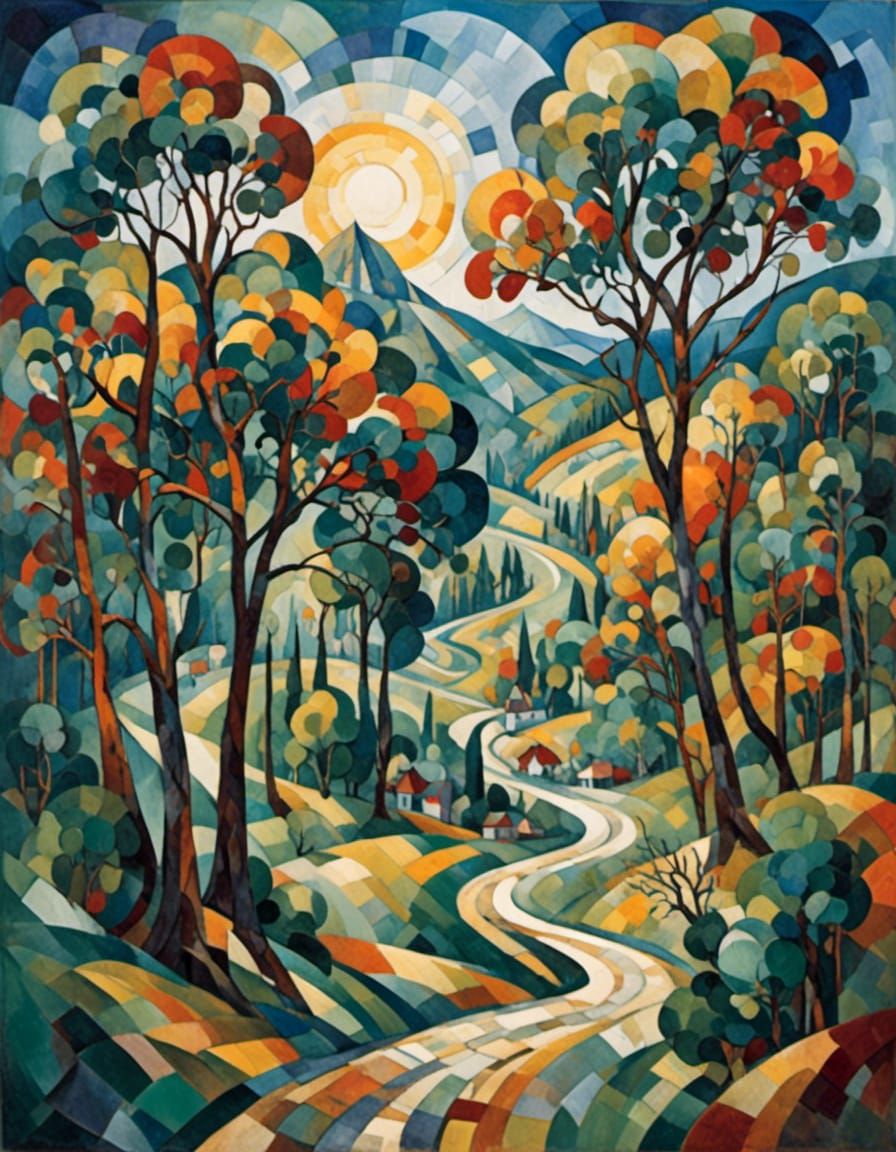 Cubist Landscape with Sun and Twisting Tree