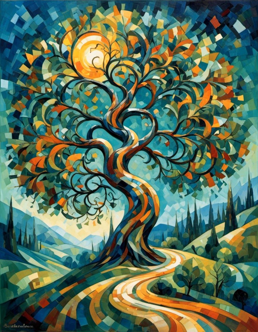 Cubist Tree with Sun and Road, Art Deco Style