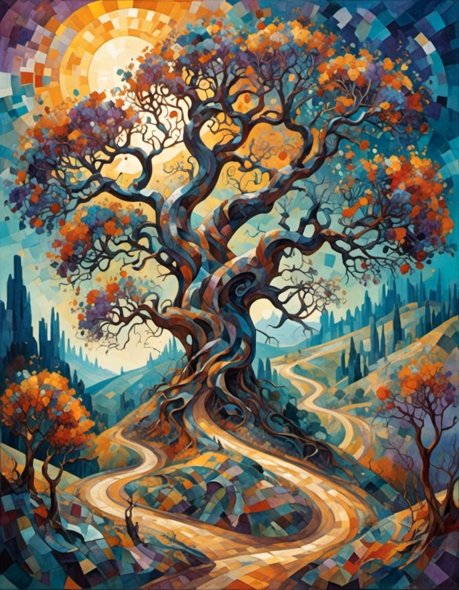 Surreal Tree on Winding Road in Art Nouveau Style