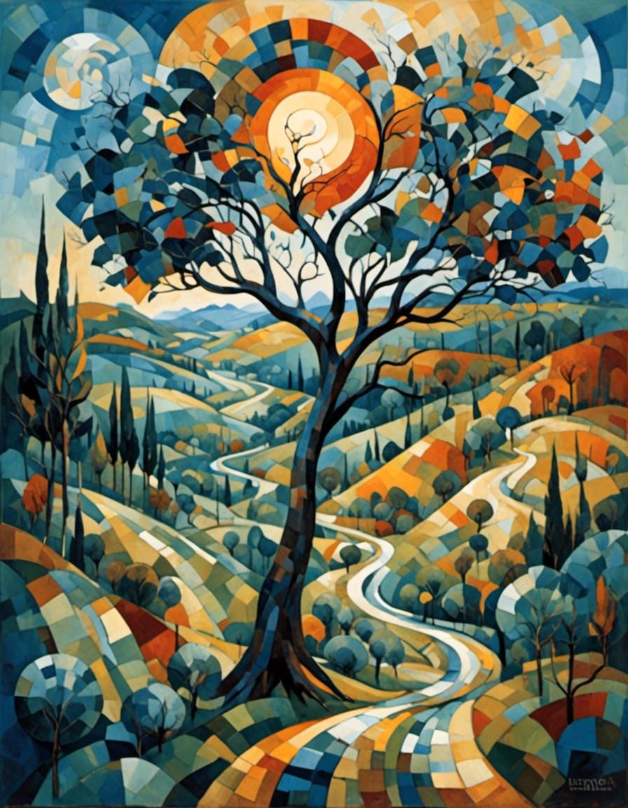 Cubist Landscape with Tree, Sun, and Road