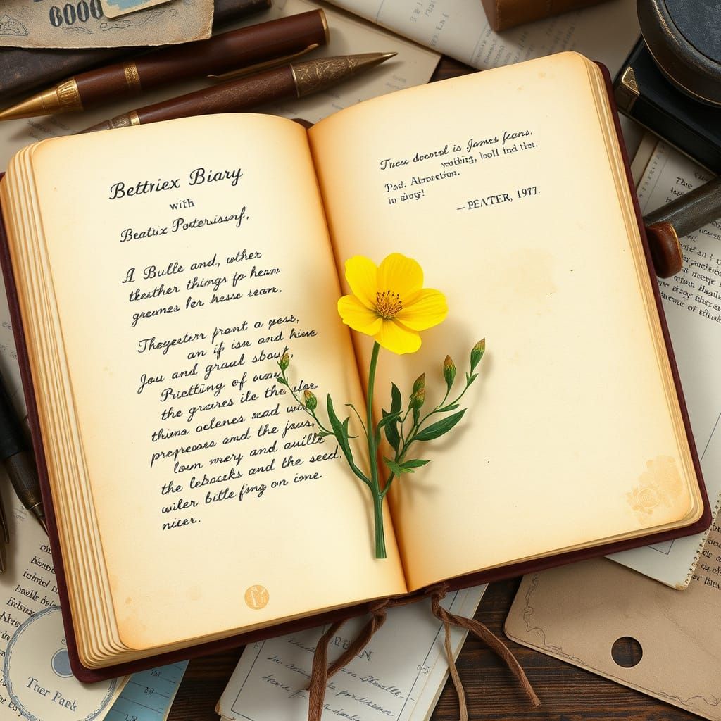 Single pressed buttercup in an old diary page open on a busy...