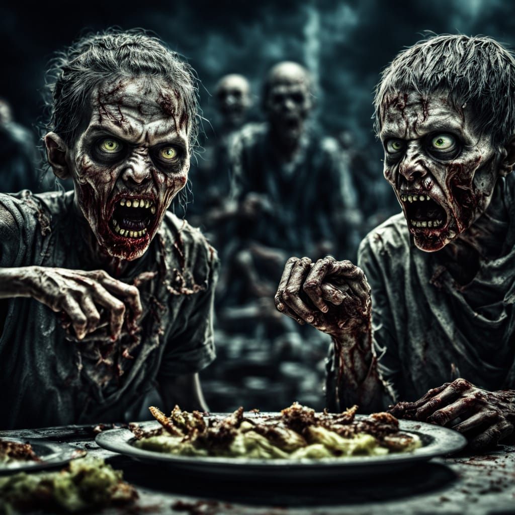 Hyperrealistic Zombie Children in a State of Anger and Hunge...