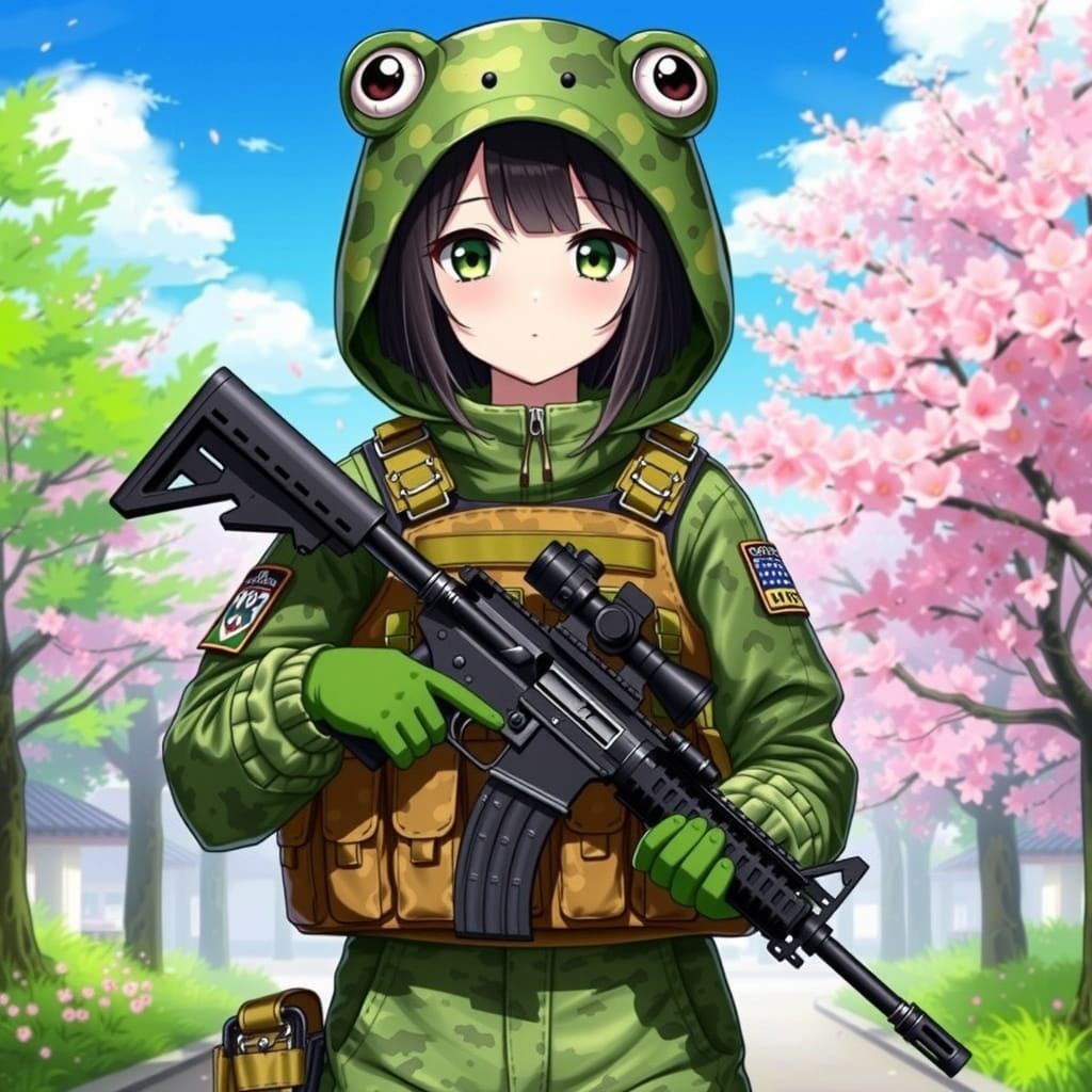 Vibrant Anime Girl in Frog Kigurumi with Tactical Vest and M...