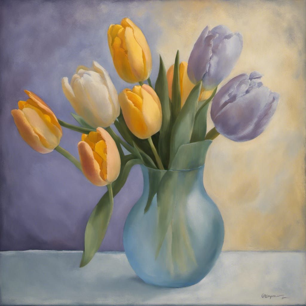 Yellow and Peach Tulip Flowers in Frosty Etched Glass Vase Half Filled with Icy Blue Water, Cloudy Lavender and Pale Yel...