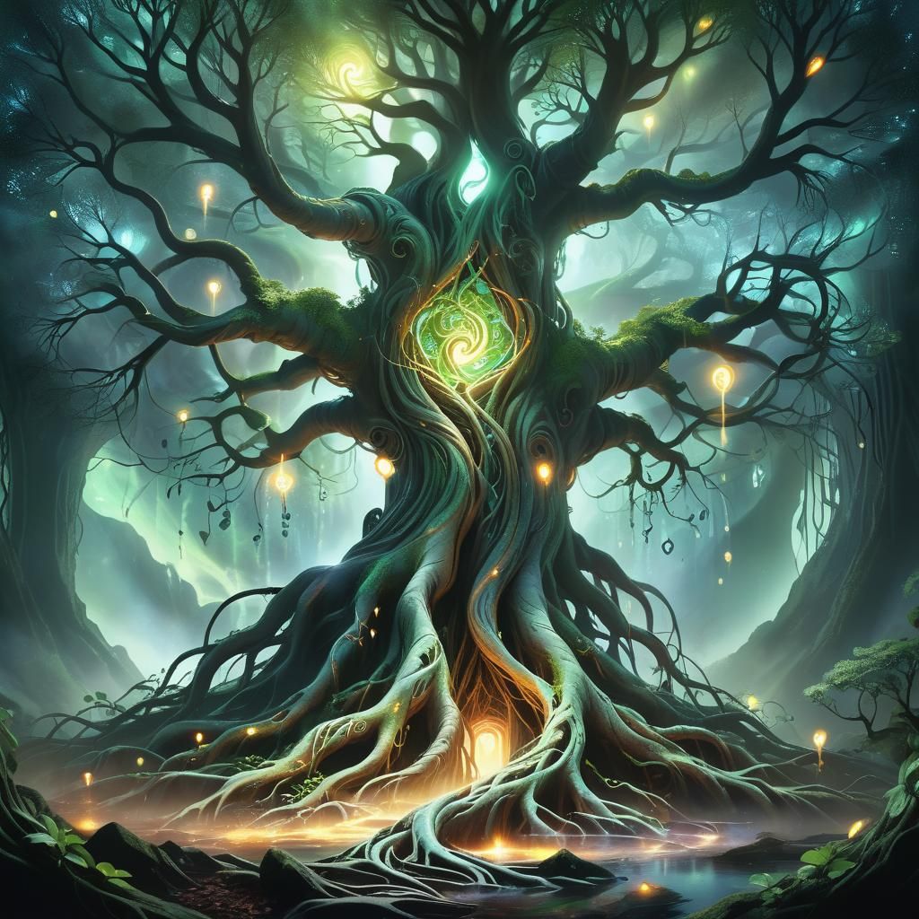 Ethereal Fantasy Tree with Glowing Roots and Runes