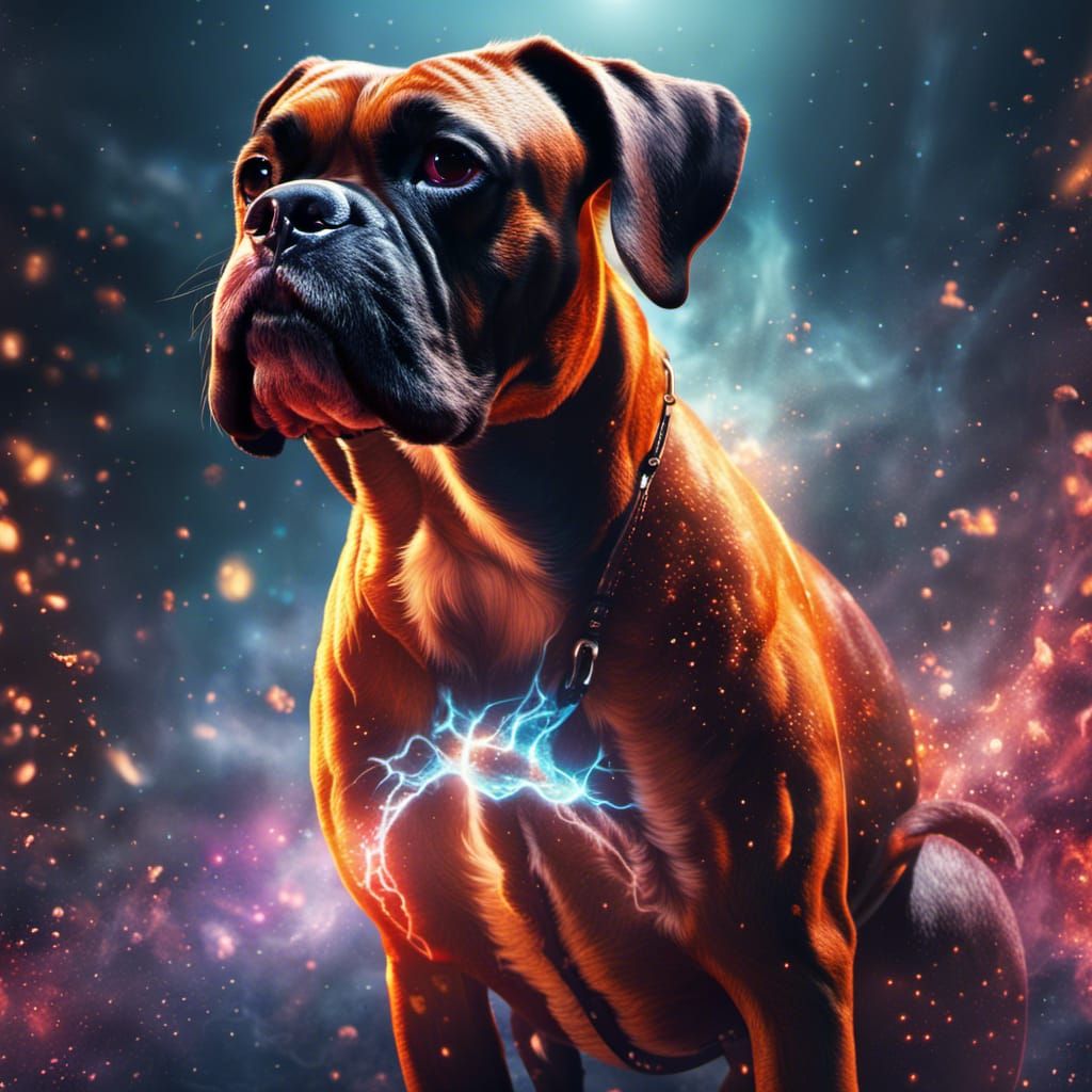 Cosmic Boxer Dog with Fiery Energy