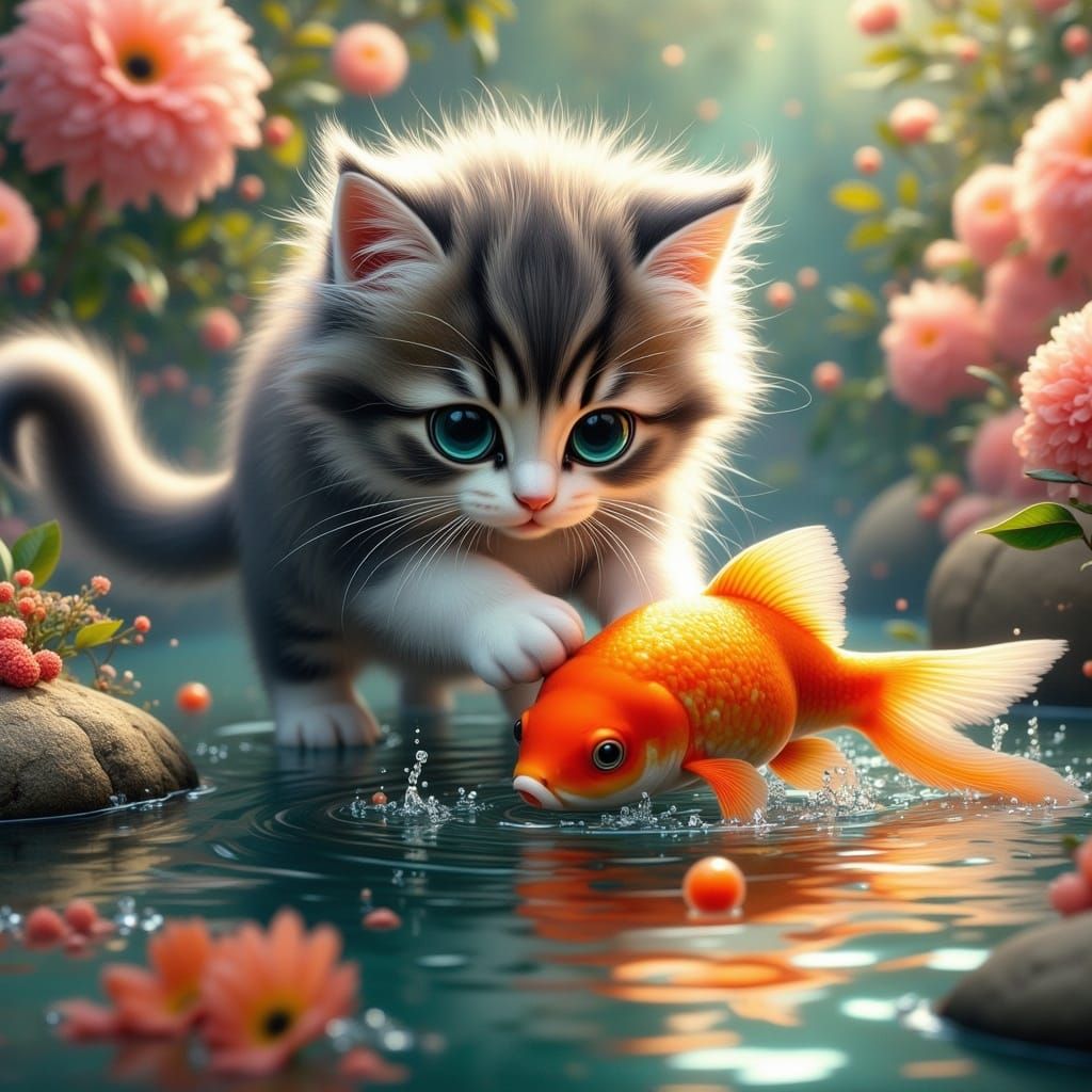 Kitten and Koi Fish Dance in Japanese Garden