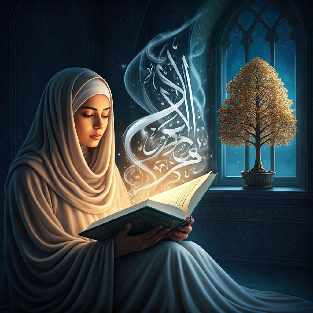 Ethereal Woman with Quran in Dreamlike Aurora