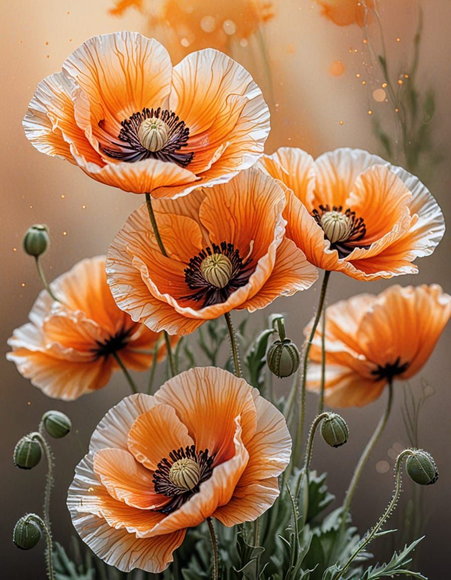 Botanical Ink Drawing of Orange and White Poppies