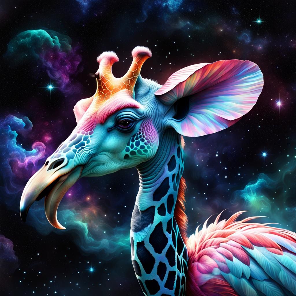 Surreal Flamingo-Elephant-Giraffe Hybrid in Cosmic Space