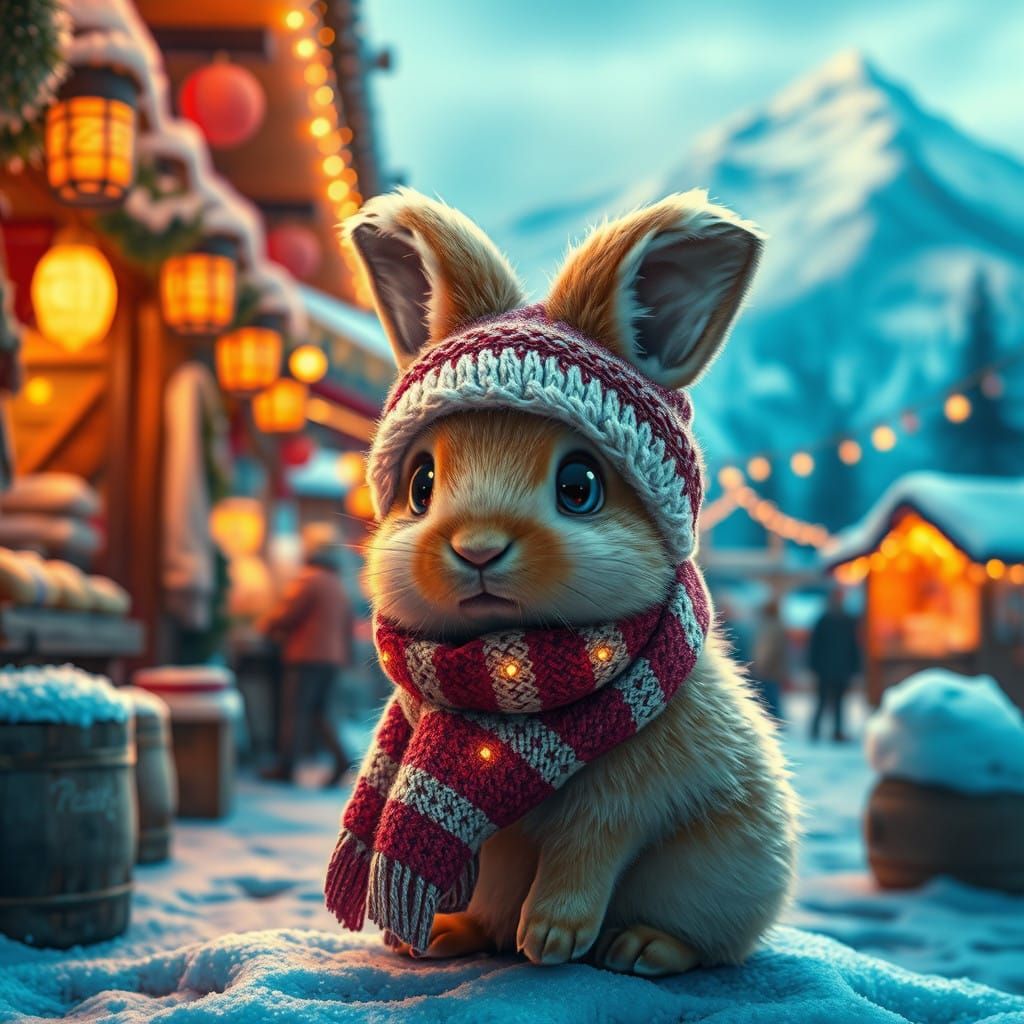 Whimsical Winter Rabbit in a Snowy Market Scene, with Glowin...