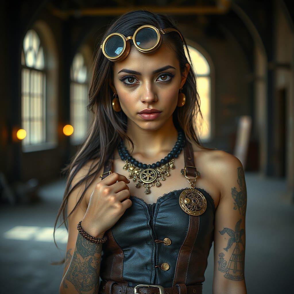 Steampunk Latina Portrait with Intricate Gear Details