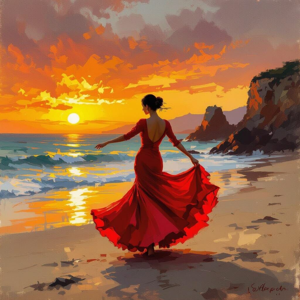 Flamenco Dancer in Fiery Sunset, Impressionistic Style