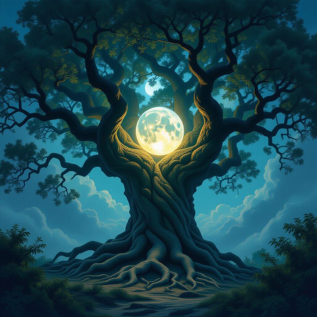 Majestic Oak Tree with Mystical Orb in Moonlight