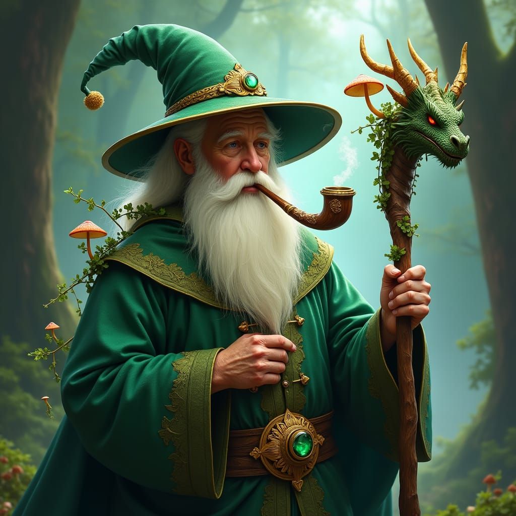 Wise Mage with Dragon Pipe in Fantasy Art Style