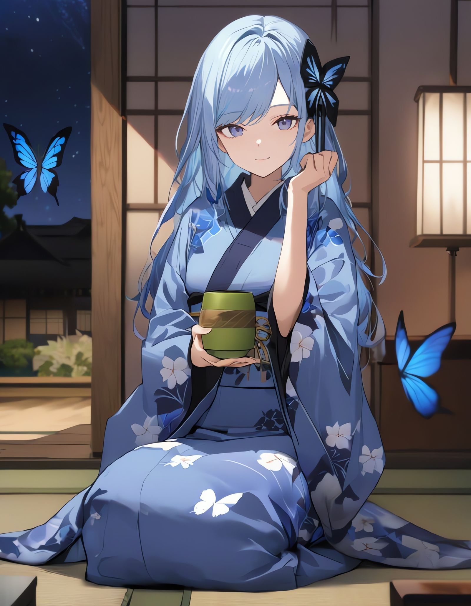 Sitting Japanese Woman in Long Blue Hair and Kimono Under St...