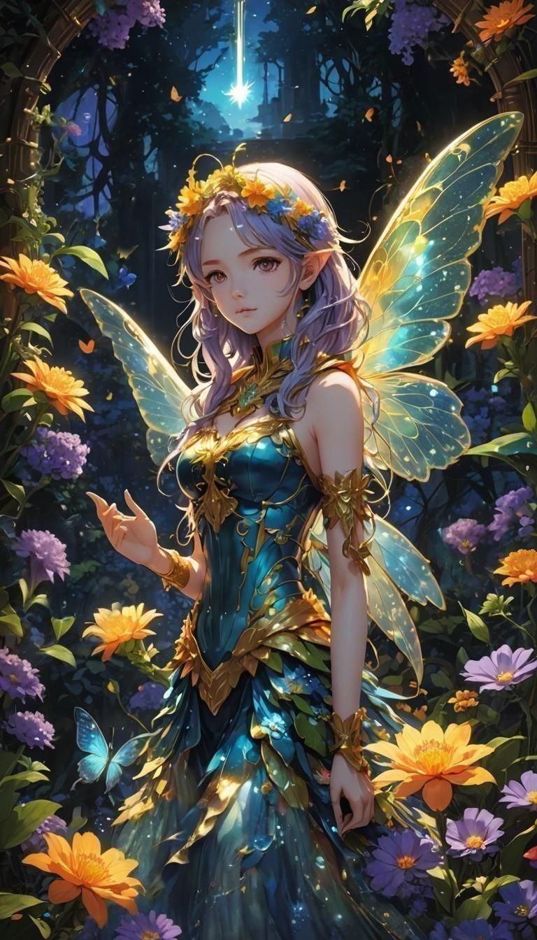 Bioluminescent Fairy in Jeweled Garden: Anime Art