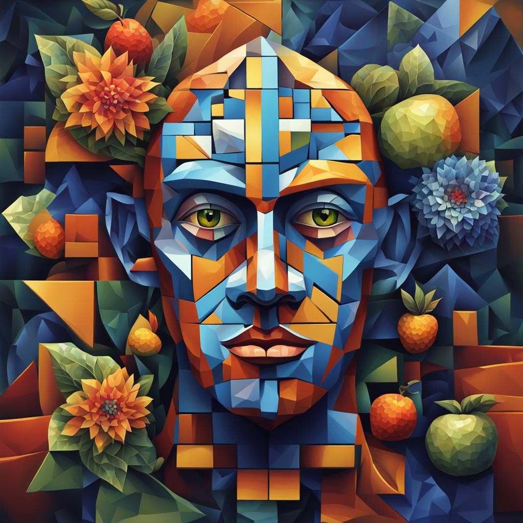 Cubist Portrait of Fantastical Fruit and Flower Creature