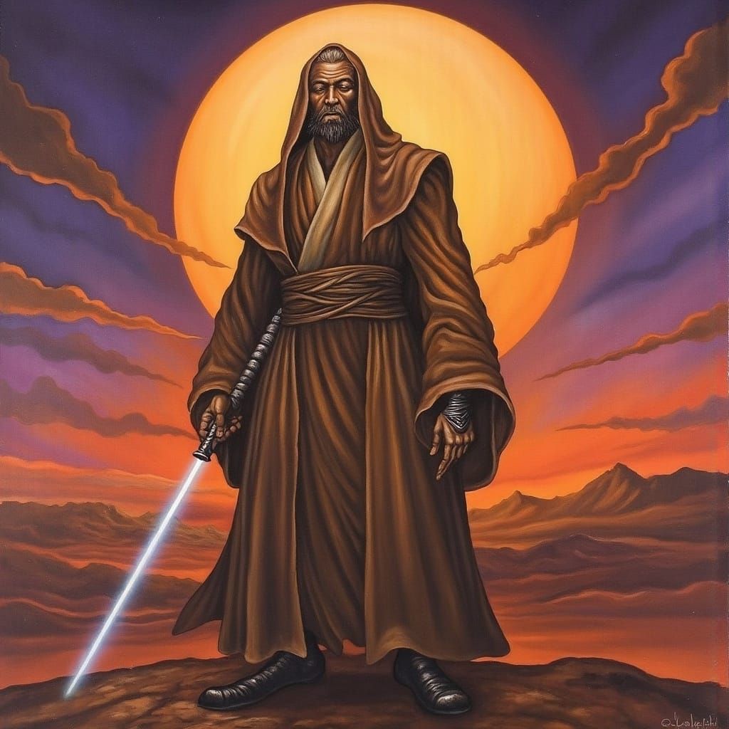 Majestic Jedi Knight Amidst Binary Sunset