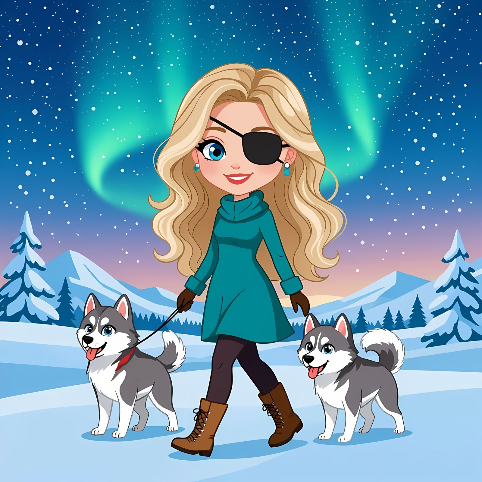 Cartoon Woman with Huskies in Snowy Lapland Landscape