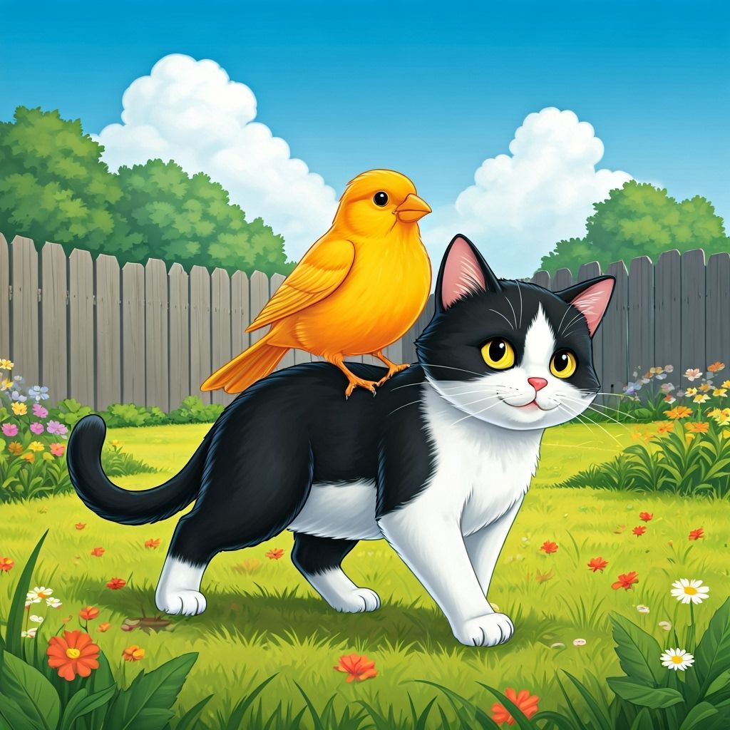 Cartoon Canary Rides Tuxedo Cat in Backyard
