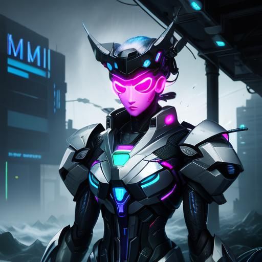 Surreal Ocean Waves with Neon-Lit Metal and Insects